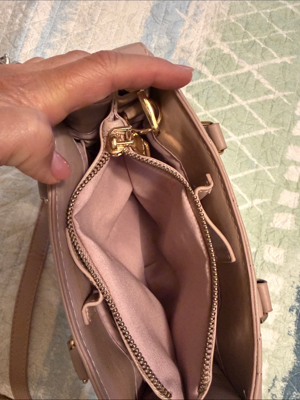 bebe Quilted Mini Tote in Light Pink with Rhinestone Logo - Picture 5 of 5
